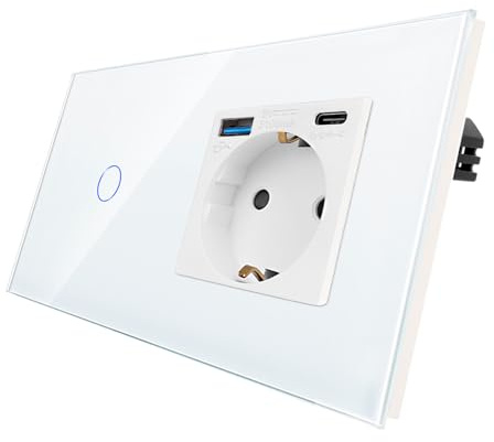 CNBINGO 1-Fach Lichtschalter mit USB Schnellladen Einzelsteckdose, Weiß | Glas Touch Wandschalter und Schuko Steckdose, 20W USB Schnellladen Wandsteckdose Unterputz, Einfach Schalter mit Status-LED