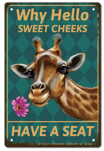 CREATCABIN Giraffe Metal Tin Sign Why Hello Sweet Cheeks Sign Vintage Funny Animals Metal Poster Wall Art Garden House Plaque for Bathroom Kitchen Cafe Wall Halloween Christmas Decor, 8 x 12 Inch