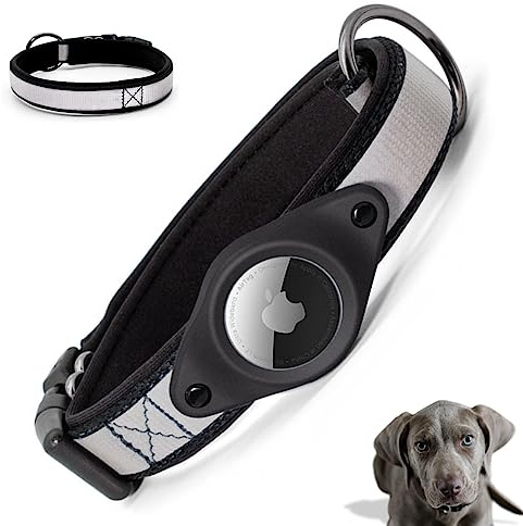 flixpet® - AirTag Hundehalsband (reflektierend, gepolstert & verstellbar) AirTag Halsband Hund mit Sicherheitsverschluss Hundehalsband für AirTag aus Nylon inklusive Schutzfolienset (schwarz) (M)