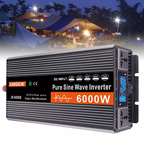 FENGSSLL Convertisseur Pur Sinus 3000W 4000W 5000W 6000W Onduleur, Transformateur, 12V 24V 48V 60V vers 220V 230V, 2 Prises AC et Affichage à LED,6000W-48V