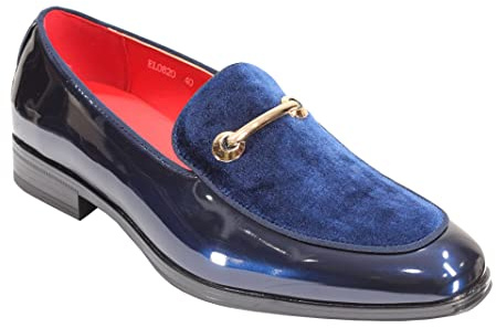 Men's Patent Leather & Velvet Upper Party Loafer Gold Buckle Dress Wedding Shoes [EL0820-NAVY-9]