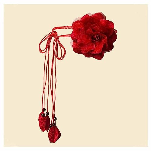 SHTGOI Damen Blumengürtel Chiffon Flower Brautgürtel Verstellbarer Quaste Gürtel Gewebte Gürtelbund Blumenkranz Vintage Taillengürtel Hüftgürtel Deko für Festival Party Hochzeit Strand 150cm Rot
