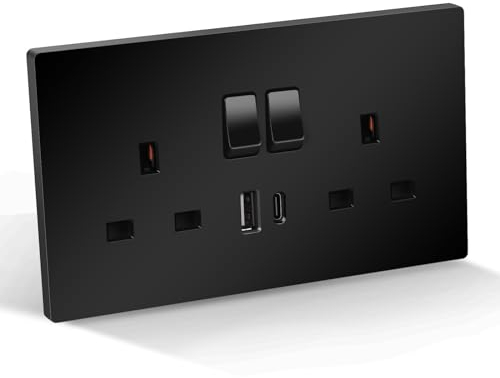 CNBINGO Double Switched Socket with 20W PD USB C and A Fast Charging Ports, Electric Power Sockets 2 Gang 13 Amp, Wall Outlet Black PC Panel, 1 Pack