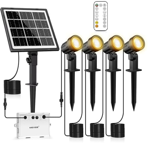 MEIKEE 4 in 1 Solar Spot Lights Outdoor Garden,3 Colors Spike Lights | IP66 Waterproof Dusk to Dawn Dimmable LED Landscape Lighting with Remote, Smooth & Flash Modes for Lawn Path Yard Fence