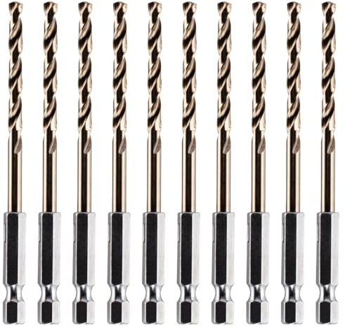 Rennie Tool Box of 10 x 4mm Hex Shank HSS Cobalt Jobber Drill Bits Set | For Stainless Steel, Hard Metals, Aluminium, Cast Iron, Copper. Twist Drill Bit Sets. 4mm Drill Bits Gold Metric Drill Set
