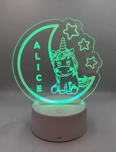 Generico Lampada in Plexiglass da Bambini con Unicorno e Luna Personalizzata con Nome Base Nera Decor Night Light LED Luce Camera 7 Colori