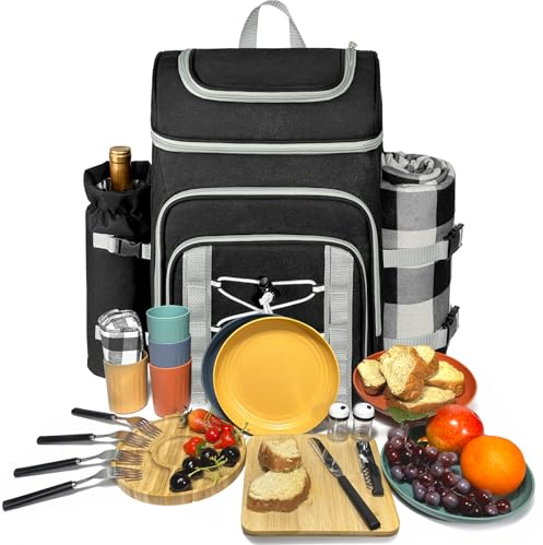 Hap Tim Picknickkorb Rucksack für 4 Personen mit Decke, Isoliertes Auslaufsicheres Kühlfach, Weinhalter, Besteckset, Verlobungsgeschenke für Paare, Weißer Elefant Geschenkideen, Schwarz (36221-DG)