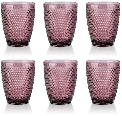 Joeyan 300ml Violett Trinkgläser Set von 6,Bunt Wassergläser Set mit Relief design,Vintage Gläser Set, Stapelbar Küchengläser for Zuhause Restaurant Bar,Spülmaschinenfest