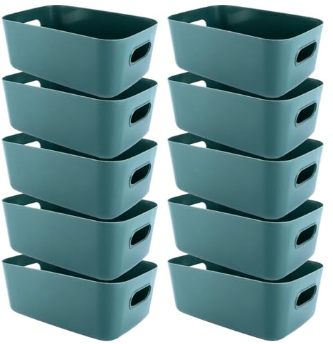 SHUESS 10er Aufbewahrungsbox Kunststoff Aufbewahrungskorb 30x20x12 cm Groß Dunkelgrün Körbe Boxen Aufbewahrung, Kunststoff Organizer Boxen mit Griff, stapelbare Kunststoffbox für Küche Büro Badezimmer