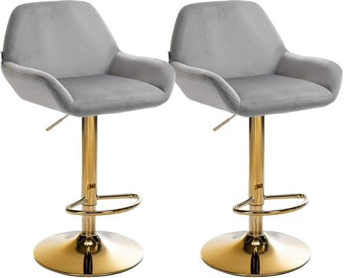 CLP 2er Set Barhocker Braga Samtbezug Gold-Gestell I höhenverstellbar und 360 drehbar I moderner Barstuhl mit Fußstütze für Küche und Bar | Farbe grau