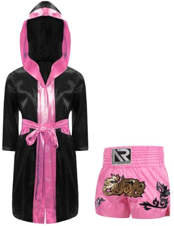 ranrann Barn pojke outfit boxning kamprock boxning huvtröja och shorts boxning Muay Thai kickboxning MMA, Svart och rosa, 7-8 �r