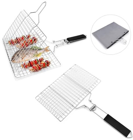 2-Piece Grande Piccola Di Grigliare Cesto Portatile In Acciaio Inox Bbq Grill Mesh Clamp, Pieghevole Pesce Grigliare Cesto Con Manico Di Legno Per Pesce Arrosto, Kabob, Verdure, Gamberi, Bistecca, Ecc