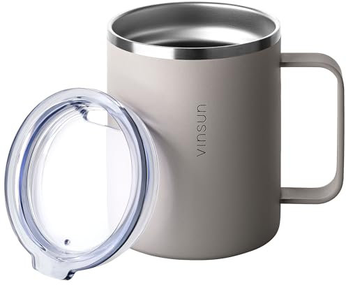 VINSUN Taza Térmica con Asa 350ml - Acero Inoxidable, Tapa Transparente con Apertura para Beber, Doble Pared, Sin BPA - Termo Café para Viajes, Camping, Escuela, Oficina