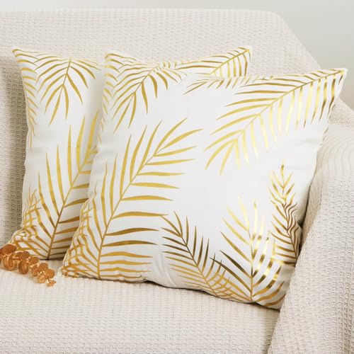 Betadistor Lot de 2 housses de coussin décoratives en velours doux avec impression en aluminium pour canapé et salon Motif feuilles dorées 523-0512 45 x 45 cm