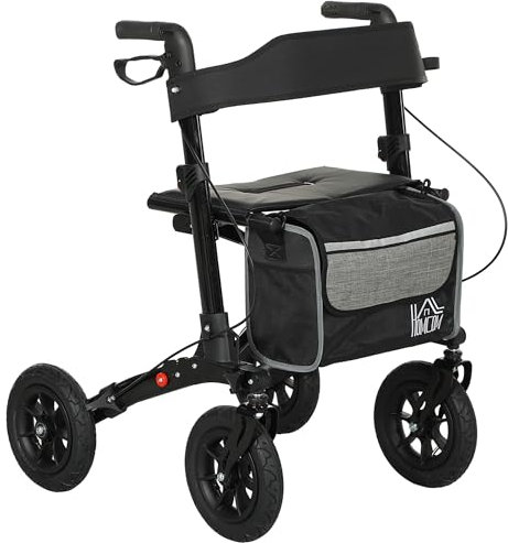 HOMCOM Folding Rollator Walker with Padded Seat, Backrest, Lightweight Walking Frame with Storage Bag, Dual Brakes, All-Terrain Wheels, Adjustable Handle Height, 4 Wheeled Walker for Seniors, Black