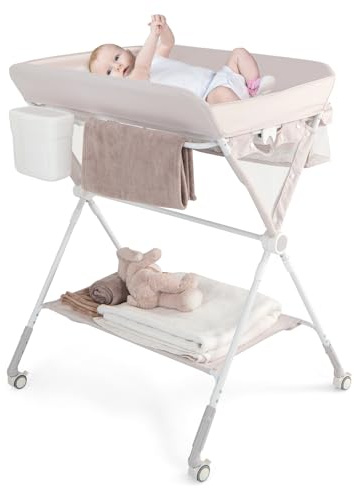 DREAMADE Table à Langer Pliable Bébé,Table à Langer Portable avec 4 Roues Verrouillables,3 Hauteurs Réglables,Panier de Rangement,Porte-couches,Charge 25 KG (Beige)