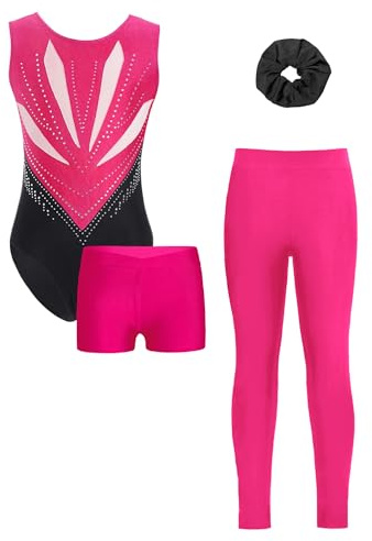 JEATHA Gymnastikdräkt för flickor, gymnastikdräkt för barn, strass, dansbody, balettbody med shorts, leggings, hårband 4 delar, gymnastik, danskläder, balettdräkt, Het rosa, 110-116