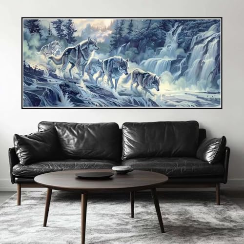 Malen Nach Zahlen Wolf Malen Nach Zahlen Erwachsene Wasserfall, 80 X 40 cm XXL Groß Acrylfarben Ölgemälde, DIY Malen Nach Zahlen Kinder Anfänger Paint by Numbers Set für Wand Dekor (Ohne Rahmen) -H440
