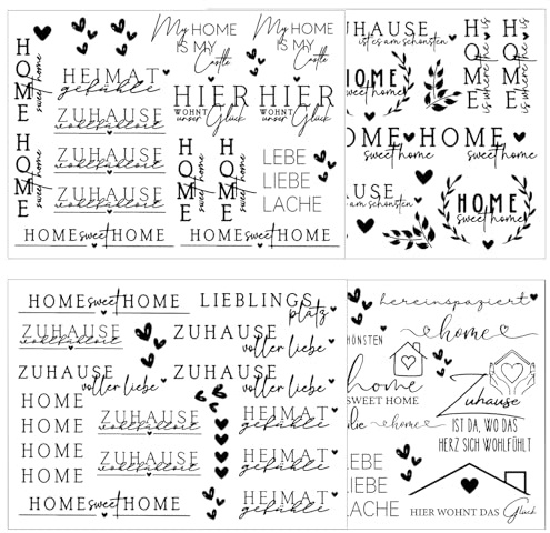 Hongma Rub On Sticker Sweet Home ca.A5 14x19cm 4PCS Sprüche für Raysin | Rub On Folie Rubons Aufkleber Transferfolie für Raysin für Keraflott Gips Möbel Glas Holz DIY (Home Sweet Home)
