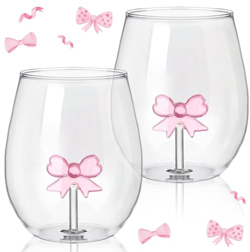 Domensi 2 Set Pink Bow Stemless Glass 20 oz Bow Aesthetic Cup Short Wine Champagne Glass Modern Cocktail Tumbler Beverage Cup Elegant Glassware for Women Friend Party Barware Birthday