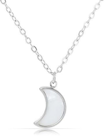 Generisch Made by Nami Halskette Damen Gold oder Silber mit Perlmutt Anhänger Stern Mond aus Chirurgischem Edelstahl Hypoallergen Wasserfester Schmuck Freundschaftskette (Mond Silber)