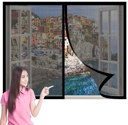 Insektenschutz für Fenster Und Türen 140 x 140 cm Insektenschutz Fliegengitter Fenster mit Rahmen Ohne Bohren Total Magnetisch, Automatik-Verschluss für Alle Bis, Schwarz