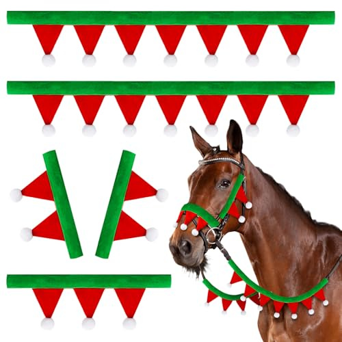 Abbylike Set di briglie in Feltro a Forma di Cavallo di Natale: 2 coperture per briglie e redini, 1 nasello, 2 guance, Mini briglie e coperture per redini con Palline Bianche per Le FESTIVITÀ