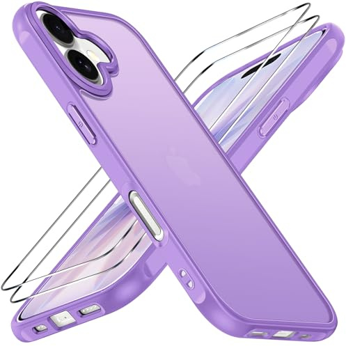 ivoler 3 in 1 Case for iPhone 17 with 2 Pieces Tempered Glass Screen Protectors, Military Standard Shockproof Cell Phone Case, Matte Translucent Anti-Fingerprint Protective Case,Light-Purple | with 2 Pack Screen Protector Tempered Glass, Military Shockproof Protective Hard Back Slim Bumper Phone Cover