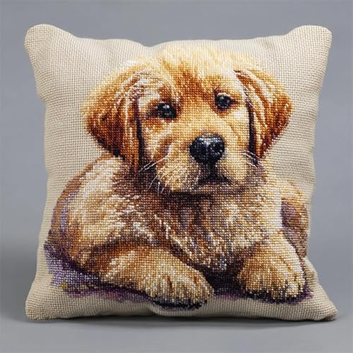 AxiangziK Tier Hund DIY Knüpfkissen Zum Selber Knüpfen Knüpfhaken-Set,Ein süßer kleiner Golden Retriever,Knüpfhaken,Kissen-Stickset,Bastel- Und Heimdekoration,Latch Hook Kit,17x17in