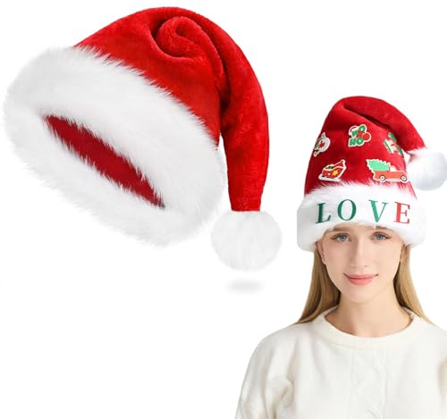 Weihnachtsmütze, DIY-Weihnachtsmützen Erwachsene, Samt Nikolausmütze Erwachsene Unisex mit Buchstaben+5 Weihnachtsaufkleber (zufällig), Weihnachtsmann mütze Kinder für Weihnachten Partys Feiertage