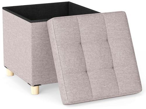 COSTWAY Puff Almacenaje Plegable, 45x45x45 cm, Baúl Almacenaje de 53,5 L, Taburete Reposapiés con Patas de Madera y Tapa Extraíble, Dormitorio, Salón, Entrada, Soporta hasta 150 kg (Beige)