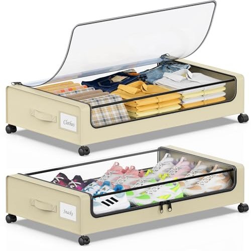 Beborxue Unterbettkommode mit Rollen, 2er-Pack, Unterbett-Aufbewahrungsbehälter mit transparenten Deckeln, XXL 60 l, Unterbett-Organizer, rollende Unterbettaufbewahrung für Kleidung, Schuhe, Decken