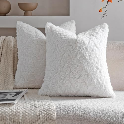 Neelvin 2er Set Kissenbezug Kunstpelz Pelz Plüsch Dekorative Kissenbezüge Sofakissen Kuschelig weich Couchkissen Dekokissen für Couch Sofa Wohnzimmer Schlafzimmer Creme Weiß 45 x45 cm
