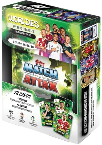 Topps UCC Match Attax 2025/26 - Mini Tin - World Beaters - contains 28 Match Attax cards plus a random Star Boy LE and 3 exclusive 'Worldies' LE cards.