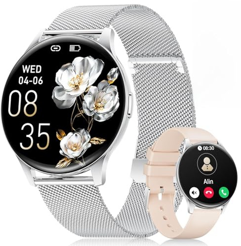BENYAR SMART Smartwatch Donna 1.43 Pollici AMOLED Display/Chiamata Bluetooth/100+ Modalità Sport Smartwatch, Sonno/SpO2/Calorie/Battito Cardio,Monitor per Android iOS Argento