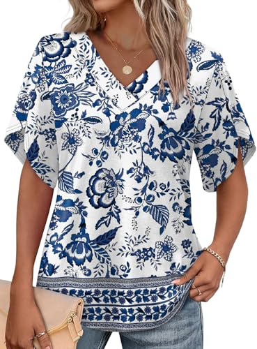 WIHOLL Womens Tops Summer Outfits 2026 Short Sleeve V Neck Versatile Boho Inspired Tops Shirts Traval Outfits Womens Blouses Dressy Casual XL