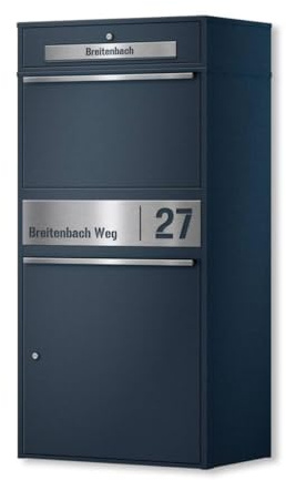Metzler Scatola per pacchi con cassetta postale – Cassetta delle lettere per esterni XXL con incisione personalizzata in acciaio inox, scomparto pacchi grande, antracite RAL7016
