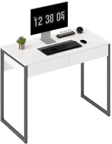 HOMCOM Escritorio con 2 Cajones Marco de Acero 100x50x75 cm Blanco Brillo | Mesa de Escritorio, Mesa de Ordenador, para Casa, Oficina, Espacios Pequeños