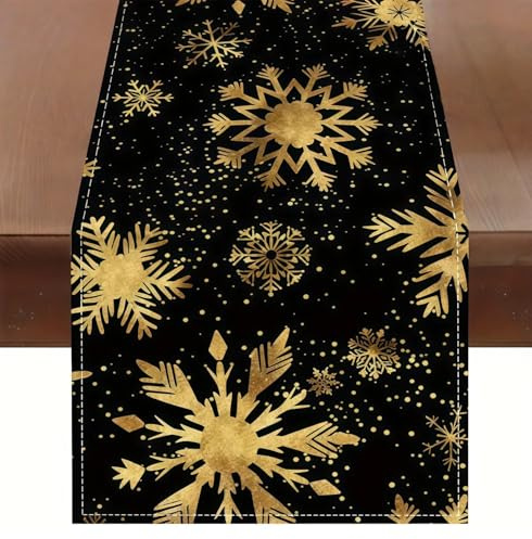 Tischläufer Weihnachten183cm x 35cm – Gold Schneeflocke Weihnachts Tischläufer Schwarz, Weihnachtstischläufer Für Esstisch Deko, Moderner Weihnachtsläufer Tisch Für Festliche Tischdeko
