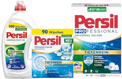 PERSIL Universal Pulver Morgenfrische 90 WL 4,95 kg + Pulver Universal Professional 130 WL 7,8 kg + Kraft-Gel Universal 100 WL 4,5 l – XXL Waschmittel Set für große Wäschemengen