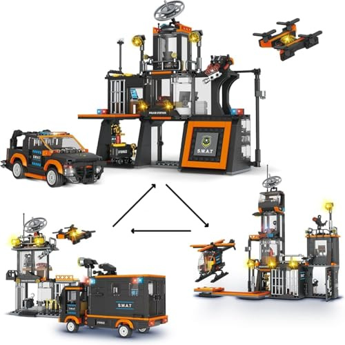 3 IN 1 City Polizeistation Klemmbausteine für Teens, 619 Teile Polizeiwache Architektur Bausteine Bausatz, Kreativ Bauen Polizeiautos und Hubschrauber, Geschenke für Erwachsene und Kinder
