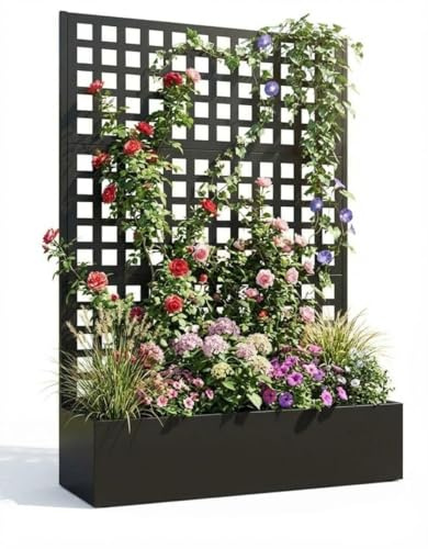 Blumenkasten mit Sichtschutz, 120x40x180cm Pflanzkasten mit Rankgitter, Drainagelöchern & Feststellbaren Rollen, Rankhilfe aus Metall für Innen & Außen, Garten, Terrasse und Balkon - A