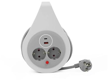 Amslight Plastrol - Avvolgicavo 10 m, 3 × 1,5 mm², 16 A, 230 V, con protezione termica, Schuko/2 prese, 1 USB-C, 1 USB-A, (2 prese, con connettore USB-C e USB-A)