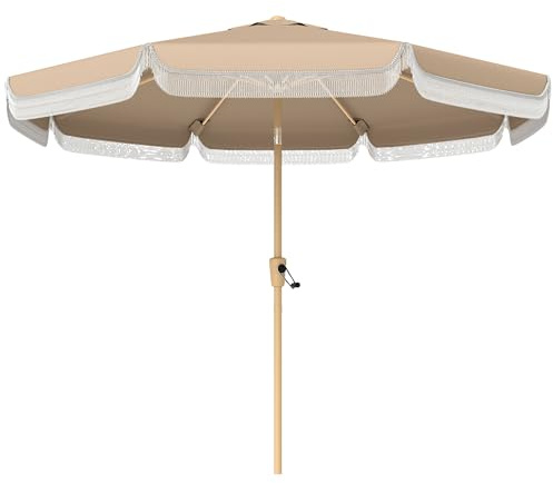 Outsunny Sombrilla Terraza Exterior, Ø266x238 cm, Sombrilla de Jardín con Ángulo Ajustable 30°, Manivela, Flecos y Ventilación, Impermeable, Parasol para Terraza, Playa, Patio, Balcón, Caqui