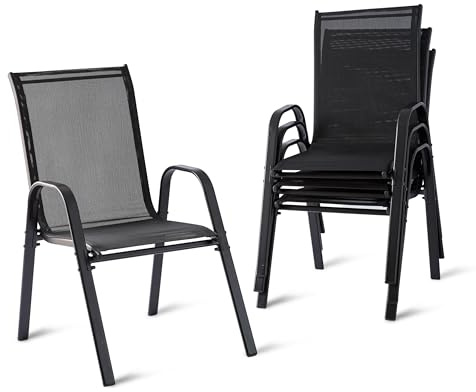 Relaxdays Gartenstühle, 4er Set, Hochlehner, Armlehnen, stapelbar, bis 150 kg, Polyester, Metall, Stapelstuhl, anthrazit
