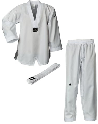 adidas Taekwondoanzug Beginner | Leichter Einsteiger Dobok für Kinder und Erwachsene | inklusive Gürtel | Revers Weiß | für Training und Kyorugi | für Körpergröße 100-190 cm