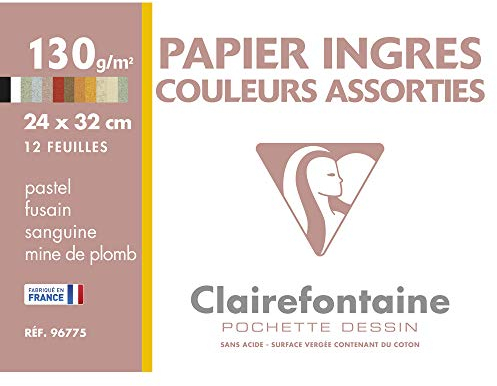 Clairefontaine 96775C Mappe Pastell Zeichenpapier (ideal für Kreide und Kohle, 130 g, 24 x 32 cm, 12 Bögen, intensive Farben) sortiert