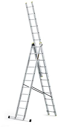 DRABEST Leiter PRO Serie Aluleiter 3-teilig Mehrzweckleiter 3x11 Stufen Leiter Multifunktionsleiter Kombileiter bis 150 kg Beslastbar - Arbeitshöhe 6,31 m - inkl. Eimerhaken