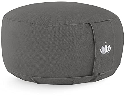 LOTUSCRAFTS® Meditationskissen mit 15cm Sitzhöhe, bestickt, Yoga Kissen mit Dinkelfüllung, Yogakissen Rund, Bodenkissen Rund, Yogakissen Meditationskissen, Yogakissen Bezug waschbar, GOTS zertifiziert