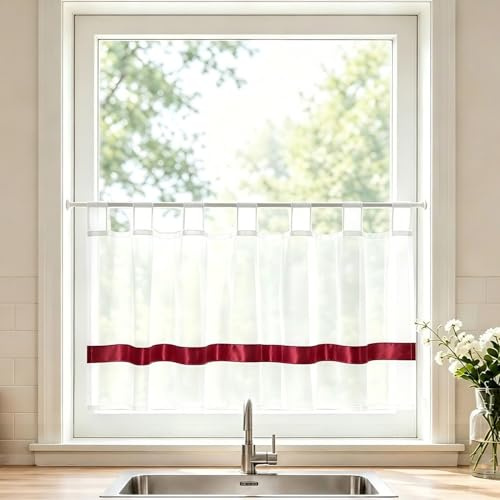 Joyswahl Scheibengardine Voile Bistrogardine Schlaufen Julie 45x120 Winerot | mit Satinband,Küche Kurzgardine,1er Pack,Küchengardinen modern,Kurzstores Transparent,Fenstergardinen,Gardinen kurz